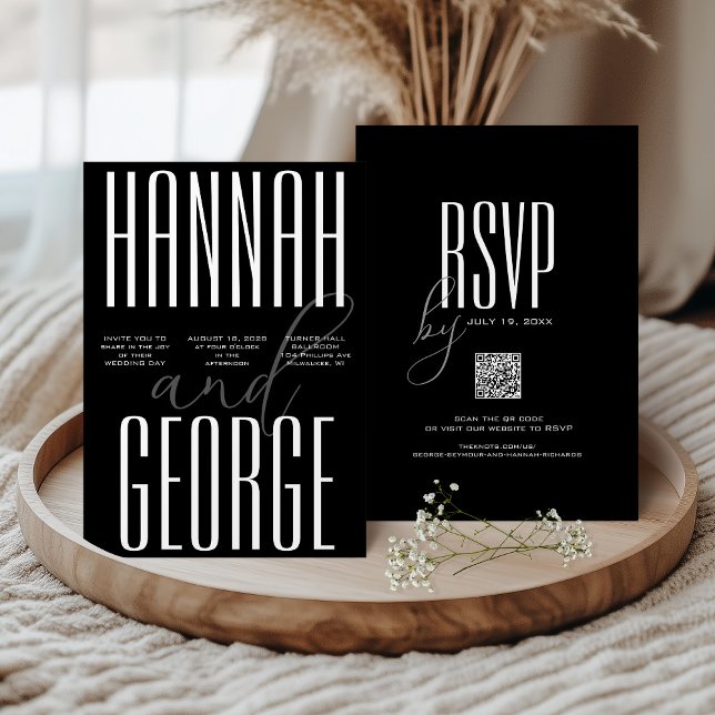Convite Código QR Moderno e Ousado em Preto e Branco para  (Unique black and white wedding invitation with script and large bold typography minimalist QR Code )