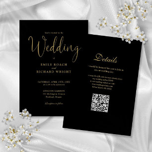 Convite Código QR Moderno Elegante Casamento Dourado e Pre