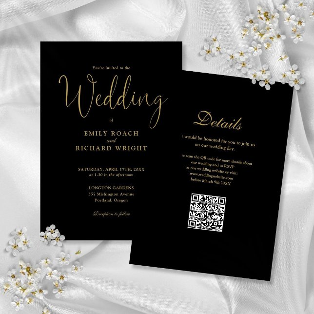 Convite Código QR Moderno Elegante Casamento Dourado e Pre (Elegant Modern QR Code Black And Gold Wedding Invitation)
