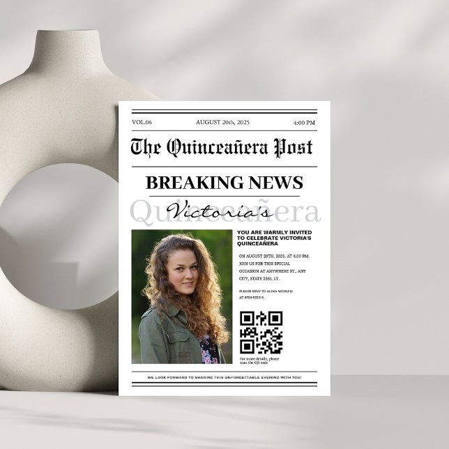 Convite código qr moderno Jornal Quinceañera (Criador carregado)