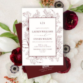 Convite Código QR Monograma Burgundy Floral Art Casamento