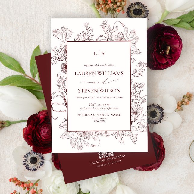 Convite Código QR Monograma Burgundy Floral Art Casamento (Criador carregado)