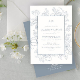 Convite Código QR Monograma Elegante Linha Floral Azul Dus