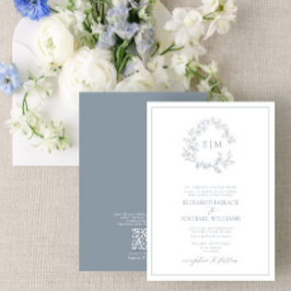Convite Código QR Monograma Formal de Folha Azul de Folha