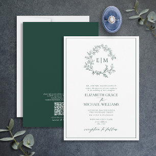 Convite Código QR Monograma Formal Emerald Green Leafy Cre