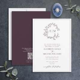 Convite Código QR Monograma Formal Plum Purple Leafe Crest
