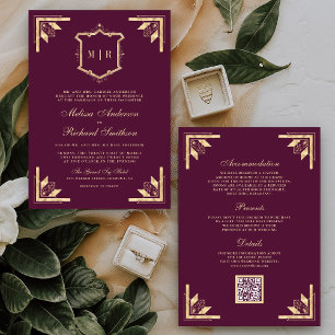Convite Código QR Monograma Gold Crest Roxo Ameixa Casamen