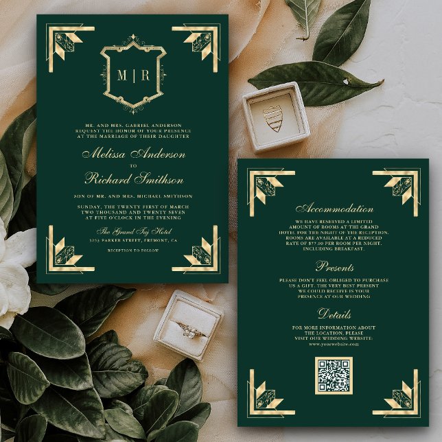 Convite Código QR Monograma Gold Crest Verde Esmeralda Cas (Criador carregado)
