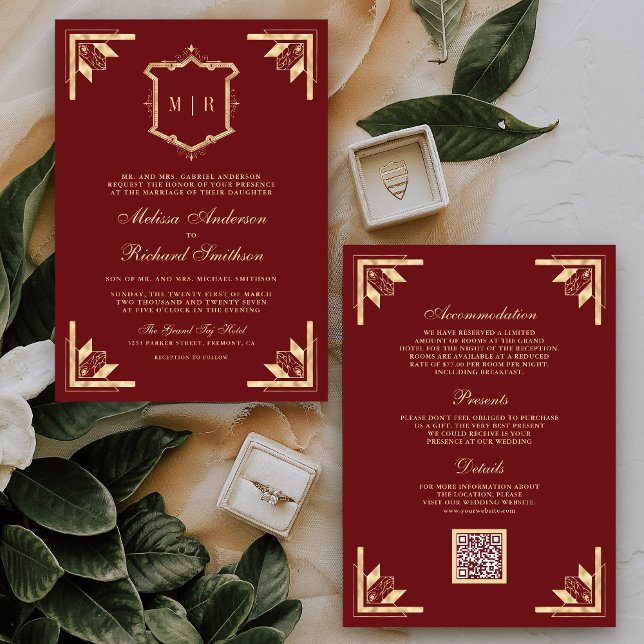 Convite Código QR Monograma Gold Crest Vermelho Marrom Cas (Criador carregado)