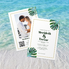 Convite Código QR Monstera Tropical Deixa Dourada praia de