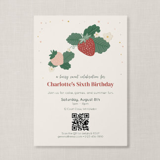 Convite Código QR Morango Doce Aniversário de Morango