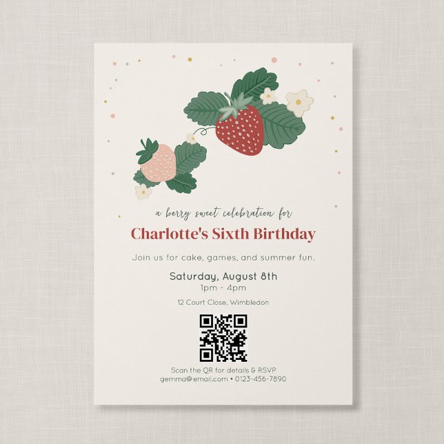 Convite Código QR Morango Doce Aniversário de Morango (Strawberry Garden - QR Code Birthday Invitation, Front)