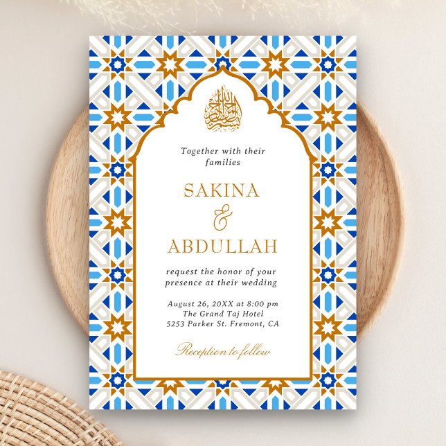 Convite Código QR Mosaico Persa Azul Marrom Casamento Muçu (Criador carregado)