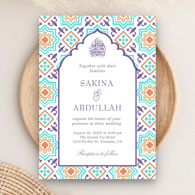 Convite Código QR Mosaico Persa Roxo Turquesa Casamento Mu (Criador carregado)