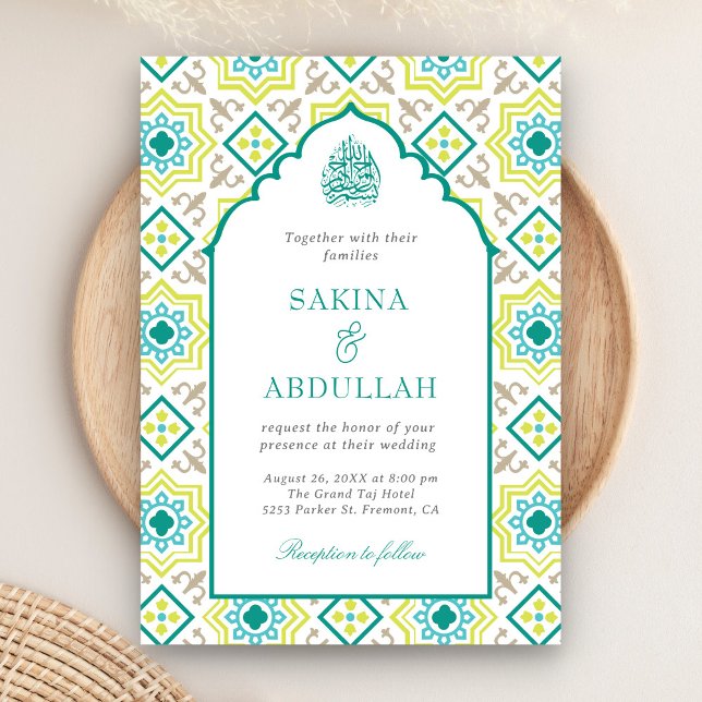 Convite Código QR Mosaico Persa Verde Turquesa Casamento M (Criador carregado)