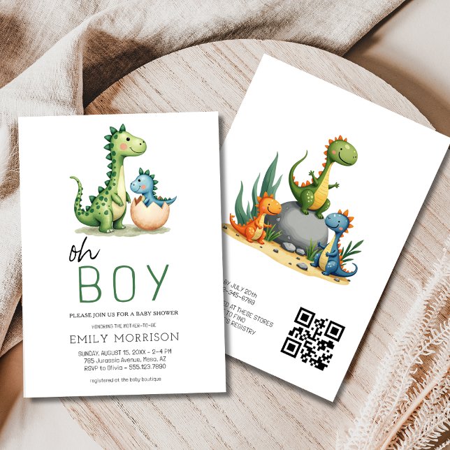 Convite Código QR Oh Boy Dinosaur Baby Boy Chá (Criador carregado)