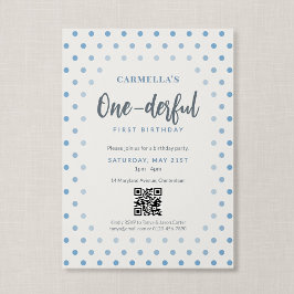 Convite Código QR One-derful Azul com Bolinhas Primeiro An