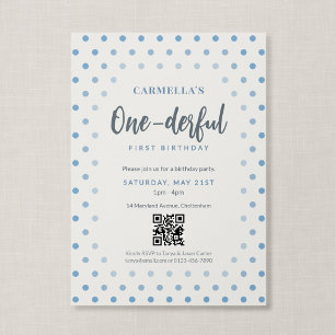 Convite Código QR One-derful Azul com Bolinhas Primeiro An