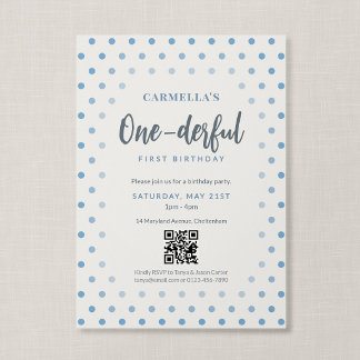 Convite Código QR One-derful Azul com Bolinhas Primeiro An
