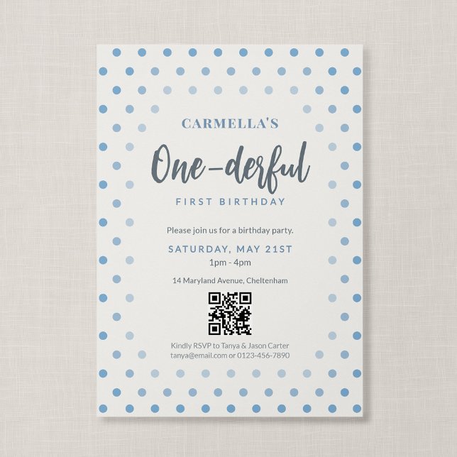 Convite Código QR One-derful Azul com Bolinhas Primeiro An (Blue Polka Dot - Onderful First Birthday Invitation)