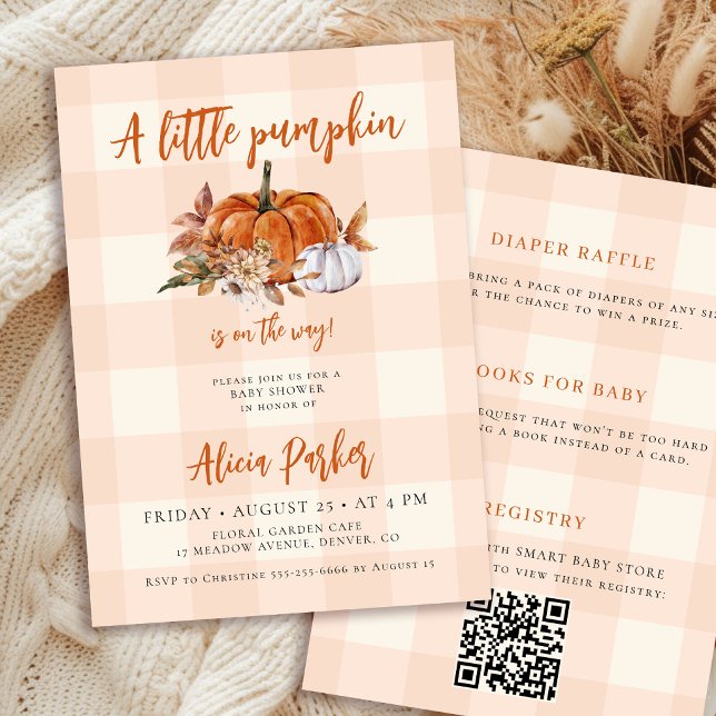 Convite Código QR outono xadrez abóbora baby shower (Criador carregado)