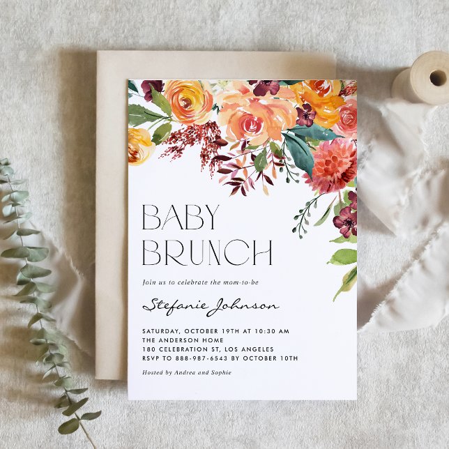 Convite Código QR para Brunch de Bebê Floral em Aquarela d (A sweet autumn baby brunch is on the way! Floral baby brunch QR code invitation.)