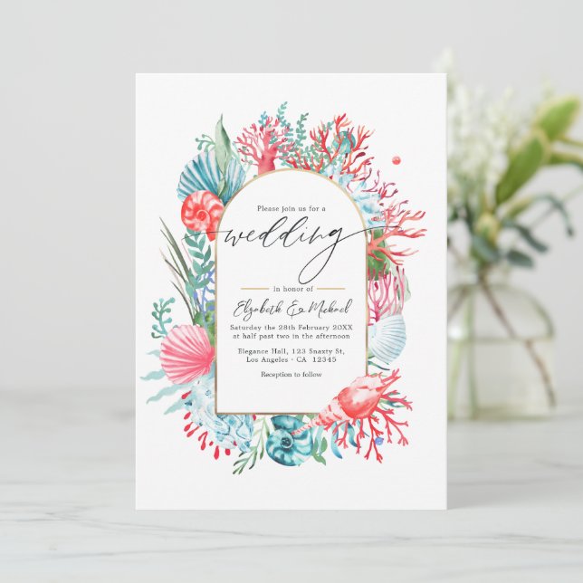 Convite Código QR para Casamento à Beira-Mar em Tons de Tu (Em pé/Frente)