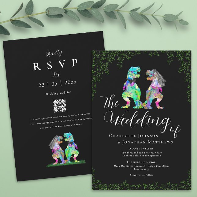 Convite Código QR para Casamento de Dinossauro Preto e Bra (Colorful T-Rex bride and groom funny dinosaur black and white wedding invitation)