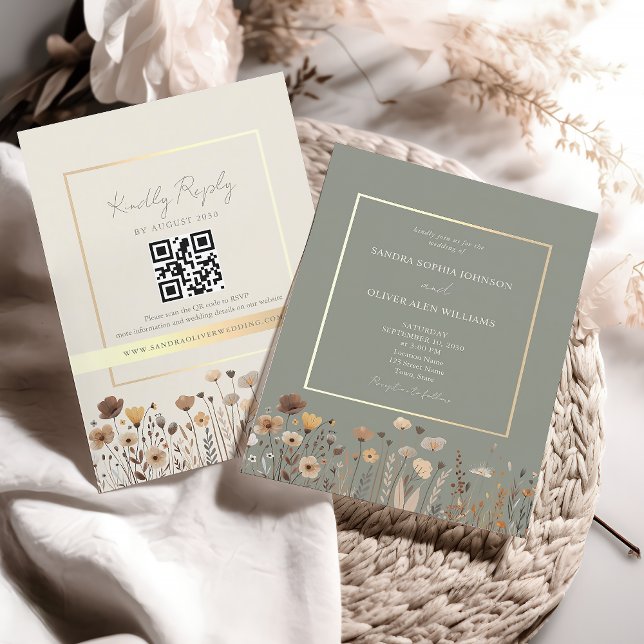 Convite Código QR para Casamento Verde Sage Boho (Criador carregado)