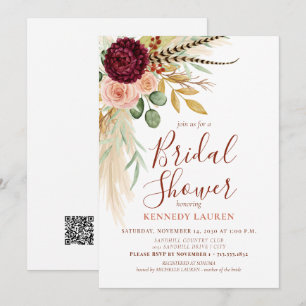 Convite Código QR para Chá de Bebê Floral Boho com Grama d