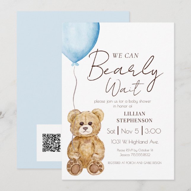Convite Código QR para Chá de Bebê Menino Blue We Can Bear (Frente/Verso)