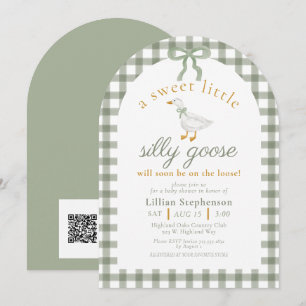 Convite Código QR para Chá de Bebê Silly Goose Green Gingh