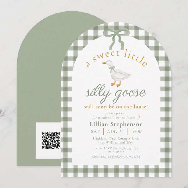 Convite Código QR para Chá de Bebê Silly Goose Green Gingh (Frente/Verso)