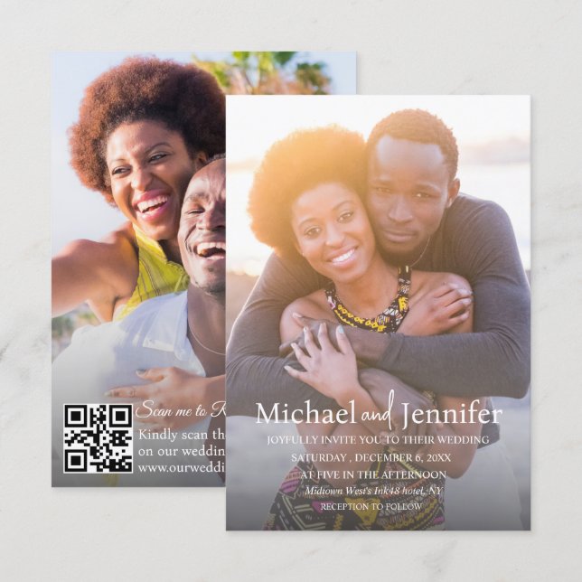 Convite Código QR para RSVP 2 Foto Casamento Moderno (Frente/Verso)
