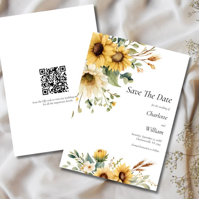 Convite Código QR para Salvar a Data do Casamento com Gira (Sunflowers Rustic Country Farmhouse QR Code Wedding Save the Date Card)
