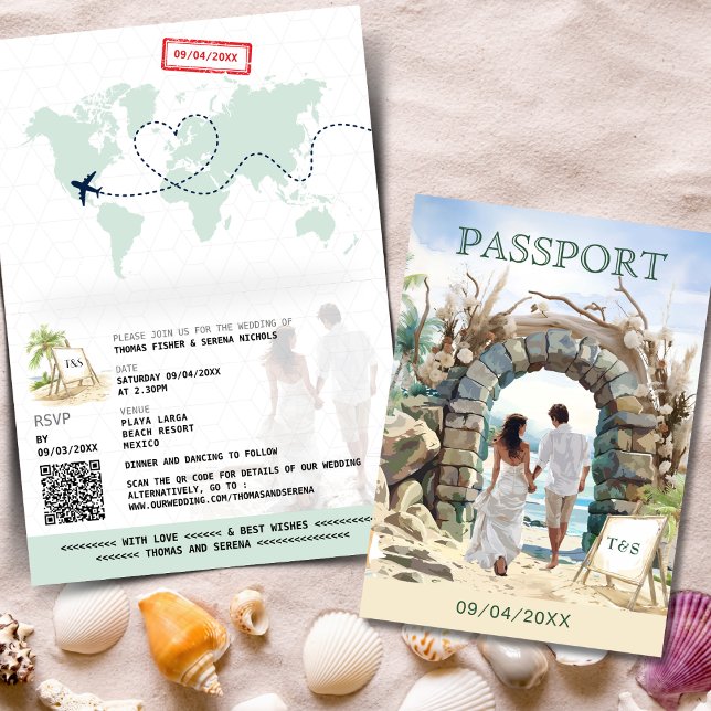 Convite Código QR Passaporte de Casamento de Praia Destino (Criador carregado)