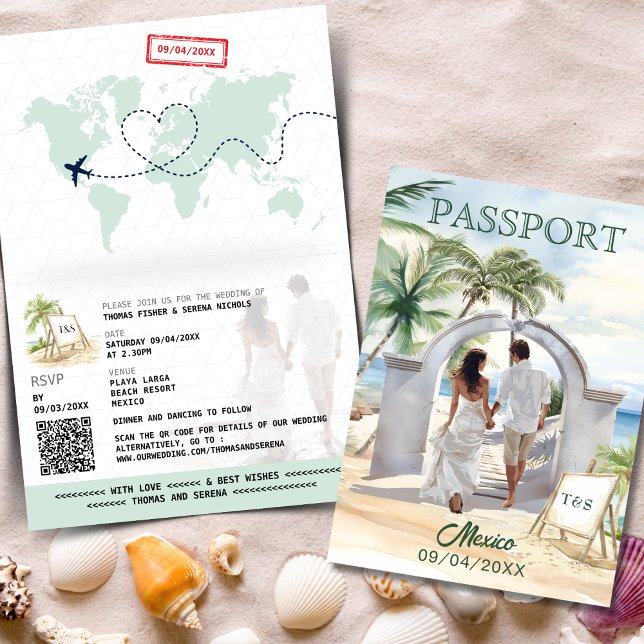 Convite Código QR Passaporte de Casamento de Praia México  (Criador carregado)