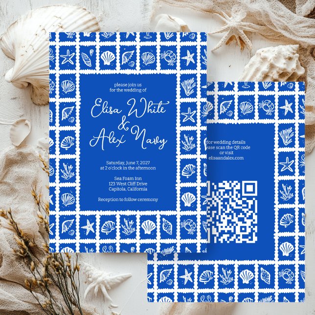 Convite Código QR PERSONALIZADO de Casamento de Praia da S (Seashell Grid Beach Wedding CUSTOM QR Code Invitation
)