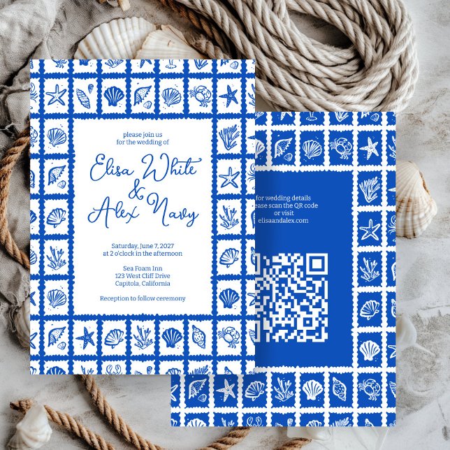 Convite Código QR PERSONALIZADO de Casamento de Praia da S (Seashell Grid Beach Wedding CUSTOM QR Code Invitation
)