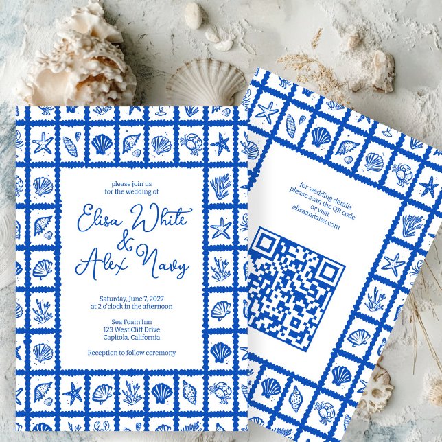 Convite Código QR PERSONALIZADO de Casamento de Praia da S (Seashell Grid Beach Wedding CUSTOM QR Code Invitation
)