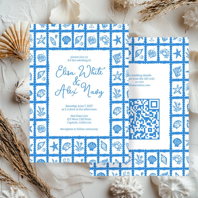 Convite Código QR PERSONALIZADO de Casamento de Praia da S (Seashell Grid Beach Wedding CUSTOM QR Code Invitation
)