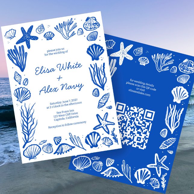 Convite Código QR PERSONALIZADO de Casamento de Praia da S (Seashells Frame Beach Wedding CUSTOM QR Code Invitation
)