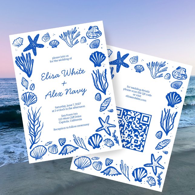 Convite Código QR PERSONALIZADO de Casamento de Praia da S (Seashells Frame Beach Wedding Seaside Ocean CUSTOM QR Code Invitation
)