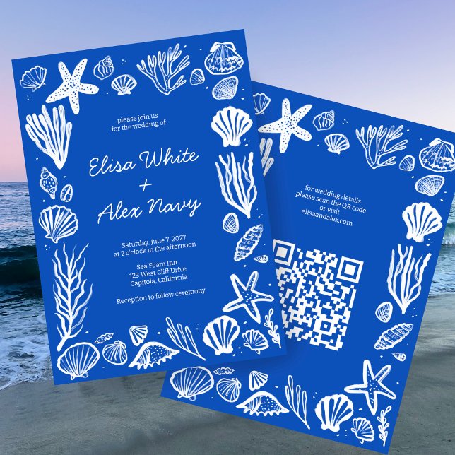 Convite Código QR PERSONALIZADO de Casamento de Praia da S (Seashells Frame Beach Wedding CUSTOM QR Code Invitation
)