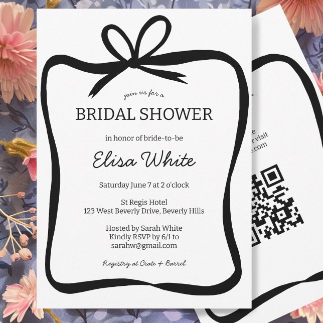Convite Código QR PERSONALIZADO do Chá de panela da Faixa  (Bow Ribbon Frame Bridal Shower CUSTOM QR Code Invitation Simple Minimalist Girly)