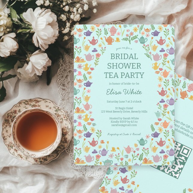 Convite Código QR PERSONALIZADO do Chá de panela de Tea Pa (Tea Party Bridal Shower Cute CUSTOM QR Code Invitation
)