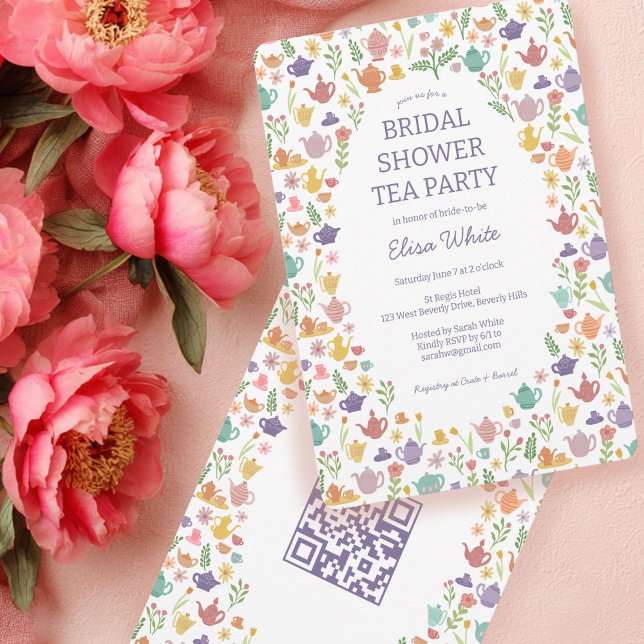 Convite Código QR PERSONALIZADO do Chá de panela de Tea Pa (Tea Party Bridal Shower Cute CUSTOM QR Code Invitation
)