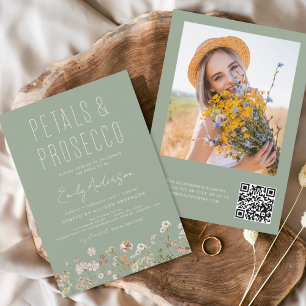 Convite Código QR Pétalas de Flores Selvagens e Prosecco S