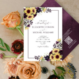Convite Código QR Plum Purple Sunflower Casamento