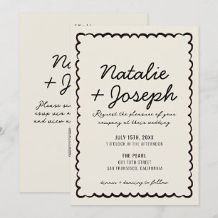 Convite Código QR Preto Creme Casamento Moderno Caprichoso